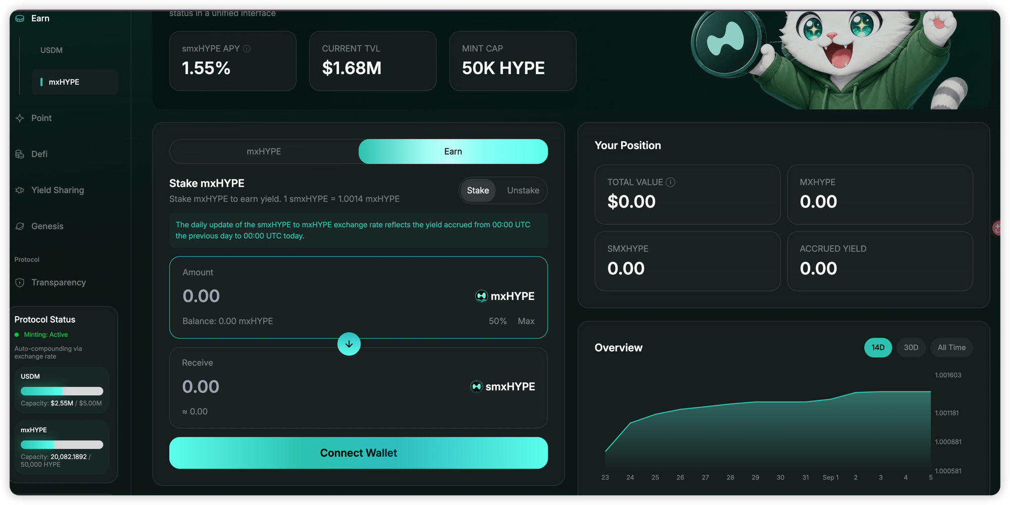 Stake mxHYPE page: Earn tab with Stake selected, current rate 1 smxHYPE = 1.0014 mxHYPE, daily exchange-rate update notice, mxHYPE amount input and smxHYPE receive estimate