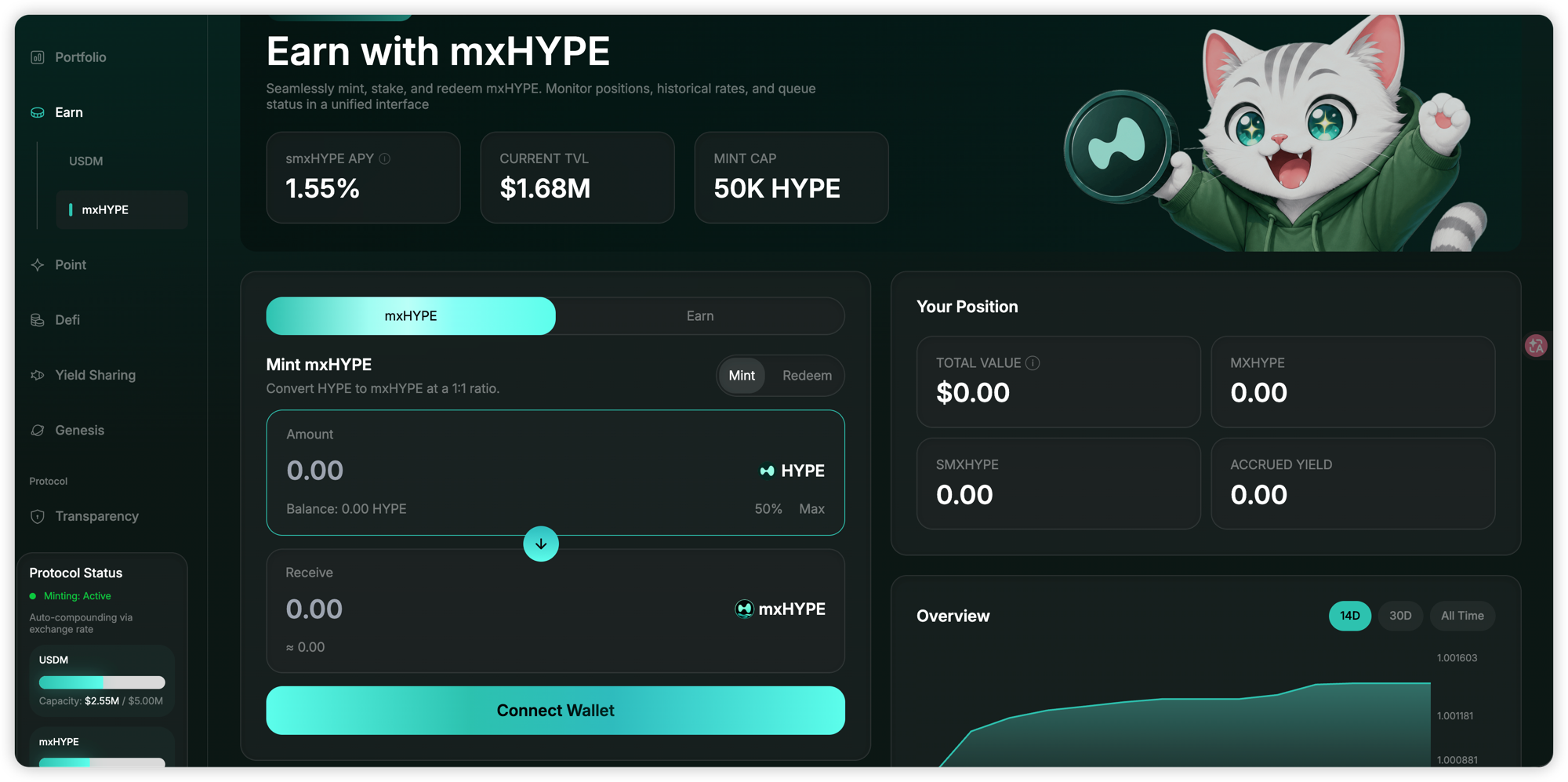 Earn with mxHYPE page: mxHYPE tab with Mint selected, HYPE amount input with Balance and Max, Receive mxHYPE at 1:1, sidebar showing mxHYPE capacity