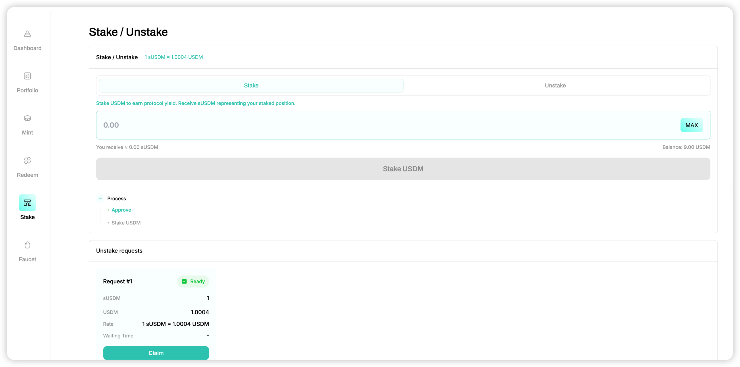 Stake / Unstake page: Stake tab active, current rate 1 sUSDM = 1.0004 USDM, Process indicator, and an Unstake Request card in the Ready state with a Claim button