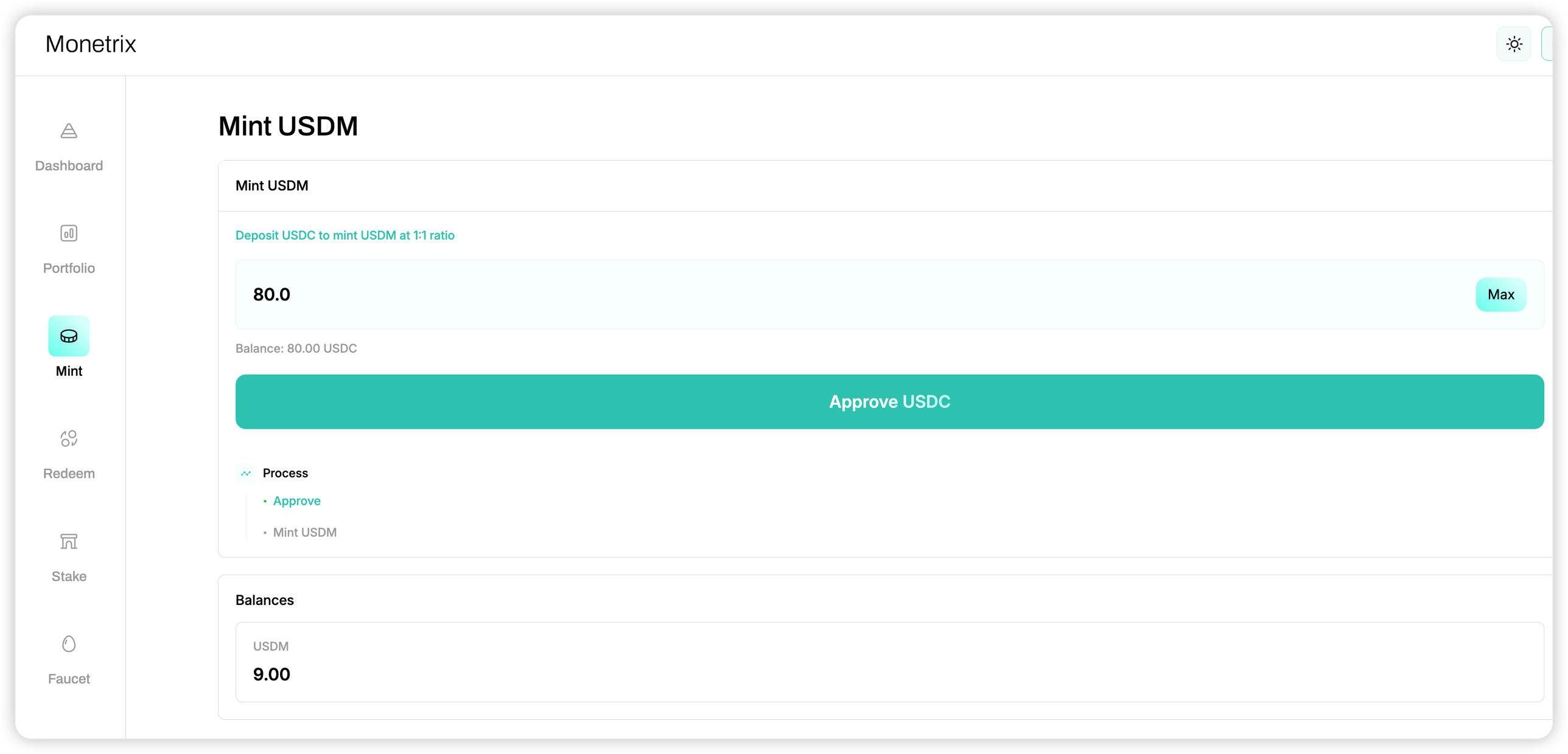Mint USDM page: 80 USDC entered, Approve USDC button, Process showing Approve then Mint USDM, Balances showing USDM